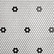 Black And White Porcelain Mosaic Tile Retro Hexagon 0 875 X 0 875 Porcelain Mosaic Tile In Glazed Black White Mosaic Flooring White Mosaic Tiles Porcelain Mosaic Tile