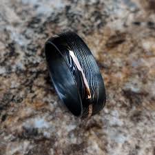 Damascus Ring 14k Rose Gold Inlay Damascus Steel Wedding Band Etsy In 2020 Damascus Steel Wedding Band Damascus Steel Ring Steel Wedding Bands