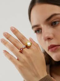 Brass With 18 K Gold Red White Stone Heart Open Ring Stuning Designer T  Show Club Cocktail Party Rare Japan Korean INS