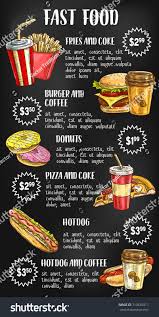 Fast Food Menu Design On Chalkboard With Burger Drink Dessert Hamburger Hot Dog Fries Pizza Donut Coffee And Chees Food Menu Design Fast Food Menu Food