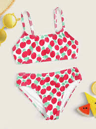Fato de banho com corte a direito e alças de laçada para um ajuste perfeito. Meninas Da Crianca Cereja Impressao Set Biquini Shein Brasil