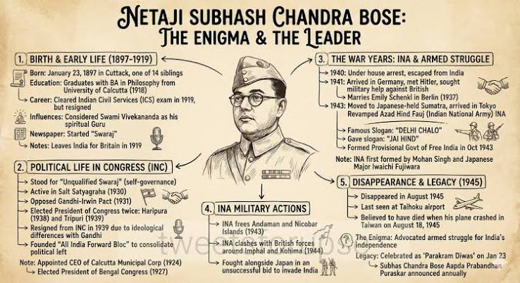 tweetsforupsc on X: "Today is the 129th birth anniversary of Netaji Subhash Chandra Bose. This day is being observed as Parakram Diwas. In order to honour and remember Netaji's indomitable spirit and