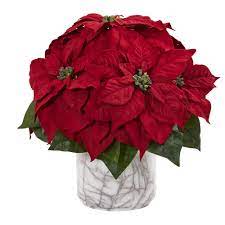 Nearly Natural Indoor 15 In Poinsettia Artificial Arrangement In Marble Finished Vase 1569 The Home Depot Poinsettia Plant Artificial Flowers Poinsettia