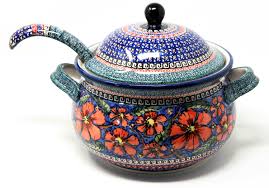 Soup tureen, polish pottery from zaklady boleslawiec in peacock pattern polishpotterystore 5 out of 5 stars (354) $ 99.00 free shipping add to favorites porcelain soup tureen baldwinroad 5 out of 5 stars (28) $ 49.00. Soup Tureen With Ladle Polish Pottery Painted By Tomaszewska Serving Polish Pottery Market