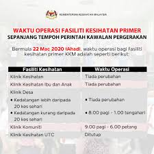 Berikut dikongsikan maklumat lanjut tentang sistem temu janji online klinik kesihatan malaysia melalui portal mygovernment. Kkmalaysia On Twitter Sila Ambil Perhatian Semua Terdapat Perubahan Waktu Operasi Fasiliti Kesihatan Primer Sepanjang Tempoh Perintah Kawalan Pergerakan Perintah Kawalan Pergerakan Telah Dilanjutkan Sehingga 14 April 2020 Thank You So Much