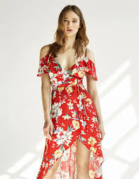 Floral Print Off The Shoulder Asymmetric Dress Discover This And Many More Items In Bershka With New Products Ev Maxi Dress Boho Maxi Dress Beach Wear Dresses