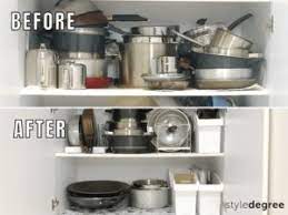 It's easier to store the pans i use the most in the last storage idea i use both in my kitchen, as well as bathrooms, is this grocery bag dispenser. How To Organize Pots Pans In Your Kitchen Cabinets Style Degree