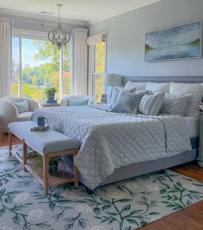 Summer Reset…. I added light and airy linens in the Master Bedroom for summertime. I just love this soft blue with gray undertones mixed with fresh crisp whites. The summer weight cloud