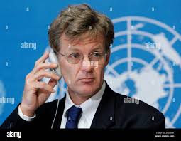 Jan Egeland, U.N. Under-Secretary-General for Humanitarian Affairs and  Emergency Relief Coordinator, listens, to a question during a press  conference after his returning from a mission to Sudan and Chad at the UN