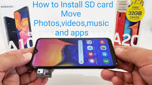 Utilize the insertion/removal tool (or a paperclip) to unlock the tray by inserting it into the provided slot (left) then remove the tray. Samsung Galaxy A10e A20 A30 A40 A50 How To Install Sd Card And Move Photos Videos Music And Apps Youtube