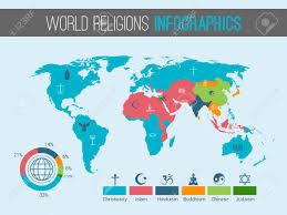 world religions infographic with pie chart and map vector illustration