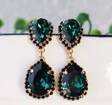 Emerald Chandelier Earrings, Black Crystal Teardrop, Bridal Jewelry