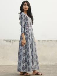 Indigo Ivory Maroon Hand Block Long Cotton Angrakha Dress With Knife Pleats D145f1002 Long Dress Patterns Simple Long Dress Designer Dresses Indian