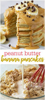 These Delicious And Fluffy Banana Pancakes Are Topped With Melted Peanut Butter Bananas And Chocolate Chips Ma Peanut Butter Banana Pancakes Savoury Cake Food
