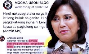 Mocha uson blames robredo supporters for spreading pregnancy rumor, originally appeared on coconuts, asia's leading alternative media company. Watch Leni Vs Mocha Robredo Blasts Uson On Pandesal Relief Goods Fake News