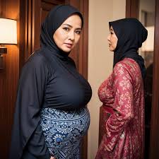 Two grannies hijab with saggy tits chilling at bedroom , posing with blue  bikini - SeaArt AI