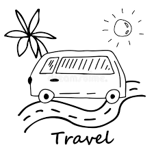 Draw a simple beach chair and then a ball or towel by the side; Doodle Style Travel Concept Elements Are Isolated On A White Background The Bus Goes On The Road The Sun A Palm Tree Stock Stock Vector Illustration Of Camera Beach 174409661