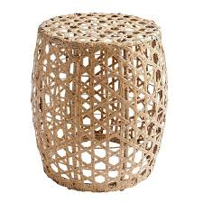 These cushioned chairs feature an open weave pattern. Natural Basketweave Woven Rattan Garden Stool
