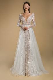 Long Sleeve V Neck Sequin Sheath Wedding Dress Kleinfeld Bridal In 2020 Wedding Dresses Kleinfeld Detachable Train Wedding Dress Wedding Dress Sequin