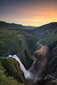 The falls are 183 m (about 600 ft.) high. Voringfossen Norway