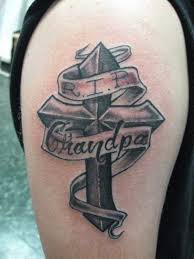 Black ink anchor with chain and banner tattoo on left. Black Ink Cross With Banner Tattoo On Right Upper Arm