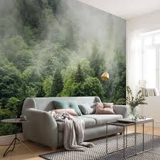 Wall mural renvation of your grey space. Nebbia Forest Mural Tree Tops Wallpaper Forest Homes