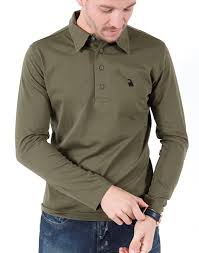 Jersey, logo, uni, col polo, manches courtes, fermeture sur l'avant, fermeture avec boutons, bas avec fentes latérales, tissu élastique. Polo Jersey Manches Longues Kaki Broderie Bikette Cvnstore