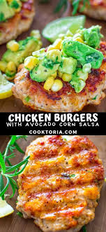 I Really Love These Chicken Burgers With Avocado Corn Salsa They Make A Quick And Delic Chicken Burgers Recipe Ground Chicken Recipes Chicken Recipes American