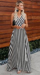 V Neck Sleeveless Black And White With Stripped Design Maxi Dress Womens Maxi Dresses Casual Dresses