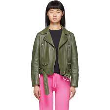 Acne Studios Green Leather Motorcycle Jacket Ssense Leather Motorcycle Jacket Jackets Pop Fashion