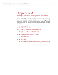 Appendices usually appear in nonfiction books. Appendix A Example Materials Developed For The Project Communicating The Value Of Preservation A Playbook The National Academies Press