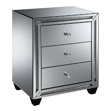 This set of 3 accent tables includes a small, medium, and large side table made from sturdy steel and mdf construction. Annalise Mirrored Crystal Trim 3 Drawer Side Table