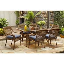 7 piece patio dining set home depot. Hampton Bay Spring Haven Brown 7 Piece All Weather Wicker Outdoor Patio Dining Set With Sky Blue Cushions Shop Your Way Online Shopping Earn Points On Tools Appliances Electronics More