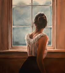 Woman looking out window painting. Stara Painting By Escha Van Den Bogerd
