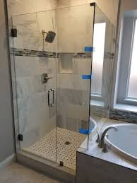 Dallas Bath Glass Inc Frameless Corner Shower Enclosure Next To Garden Tub With Rain Shower Head Corner Shower Enclosures Corner Shower Tub Remodel