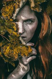 Girl With Red Hair Freckles Leaves Around Her Face Fantasy Photography Portrait Photography Creative Portraits