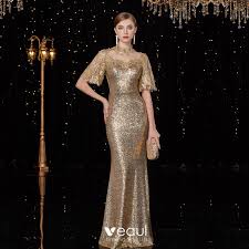 Cette robe est composée de 90% de polyester et 10% de spandex. Scintillantes Dore Paillettes Perce Robe De Soiree 2019 Trompette Sirene Col Haut 1 2 Manches Longue