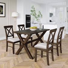 Is a ruggedly handsome design that features a distressed acacia wood plank top and salvaged gray finish. Topmax 5 Pieces Farmhouse Rustic Wood Kitchen Dining Table Set With 4 Upholstered X Back Chairs And Classical Rectangular Table Waterproof Space Saving Furniture Brown Beige Accuweather Shop