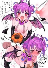 pikapika100star, original, highres, translation request, 1boy, 1girl, ahegao,  all fours, blush, breasts, covered erect nipples, demon, demon horns, demon  tail, demon wings, double bun, drooling, elbow gloves, food, gloves, hair  bun, halterneck,