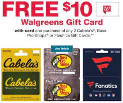 Give a bass pro shops gift card to your favorite outdoor enthusiast. Expired Walgreens Buy 2x Select Gift Cards Get 10 Walgreens Gift Card Free Cabela S Bass Pro Shops Fanatics Gc Galore