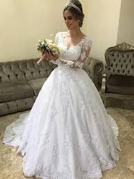 Vintage / retro ivory satin winter wedding dresses 2019 princess scoop neck long sleeve chapel train ruffle. Ball Gown V Neck Long Sleeves Sweep Brush Train Applique Satin Wedding Dresses Promhoney Online