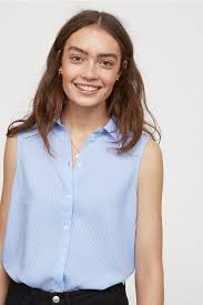 Sleeveless Blouse Light Blue White Striped Ladies H M Ca Sleeveless Blouse Women Shirts Blouse Collar Blouse Outfit