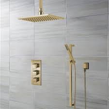 Buy Benete Square Brushed Gold Rain Shower System Faucet Set 2 Outlets Ceiling Head Handset Online
