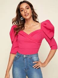 Discover the latest women's fashion trends at shein.us.com. Neon Pink Puff Sleeve Sweetheart Neck Top Shein Eur