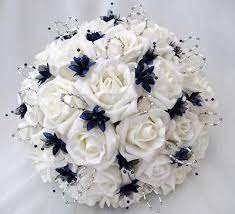 Glitter wedding invitations, navy and silver wedding invitations, winter wedding invitations, navy & silver shimmer wedding invitations. Navy Blue Wedding Bouquets Flowers Brides With 4 Bridesmaids Posy Bouquets In Ivor Blue Wedding Flowers Blue Wedding Bouquet Artificial Flowers Wedding