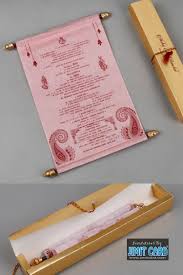 Rolling Style Wedding Invitation Card In Pink Wooly Paper Jimit Card In 2020 Wedding Invitation Design Scroll Wedding Invitations Invitation Cards