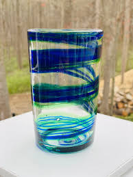 Hand Blown Blue And Green Striped Tumbler Etsy Hand Blown Glass Blowing Hand Blown Glass
