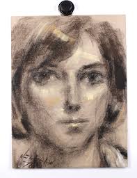 Portrait of Lady Mid Century Modern Charcoal Drawing Illegible Signature