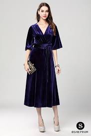 Purple Velvet Midi Party Dress With Half Sleeves Classy Gowns Velvet Dress Designs Cheap Evening Dresses