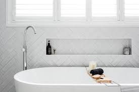 Having shiplap on the walls provides texture and character. Amber Tiles Kellyville Bathroom Design Bathroom Feature Wall Trendy Bathroom Tiles Herringbone Tile Bathroom